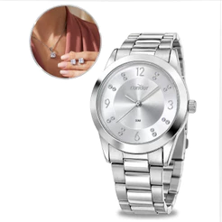 Kit Relógio Condor Feminino Prata Redondo Analógico Prova D'água Casual Elegante Delicado Minimalista Social Original