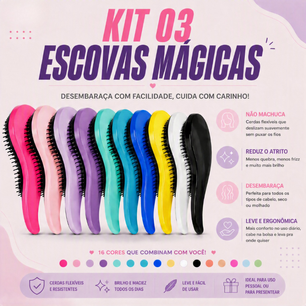 Kit 3 Escovas Mágicas pra Cabelo - Anti Frizz - Para desembaraçar Cabelo