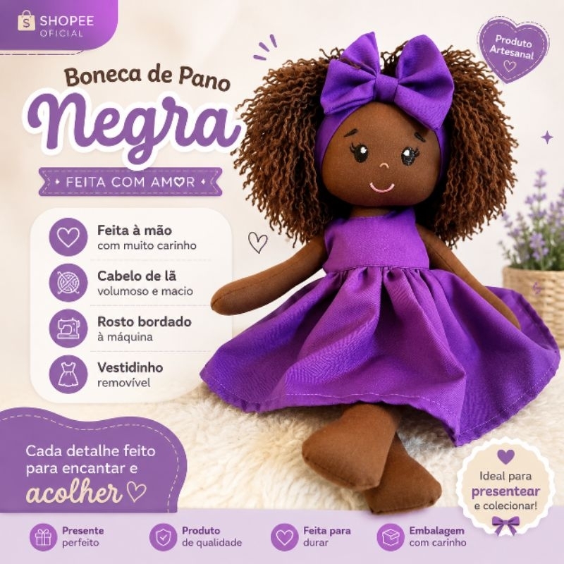 Boneca de pano negra artesanal com 35cm Pérola roxo, envio imediato