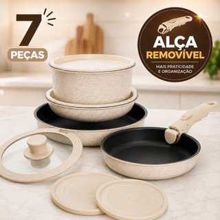 Kit Jogo de Panelas 7 Peças com Cabo Removível Empilhável Antiaderente Panelas e Frigideira