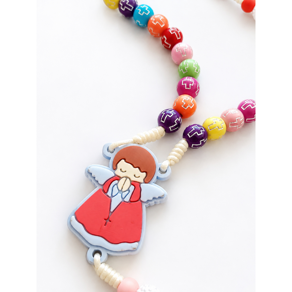 Terço Infantil Colorido Anjinho da Guarda - perolas 8mm Católico para Crianças Lembrancinha Batizado Primeira Comunhão