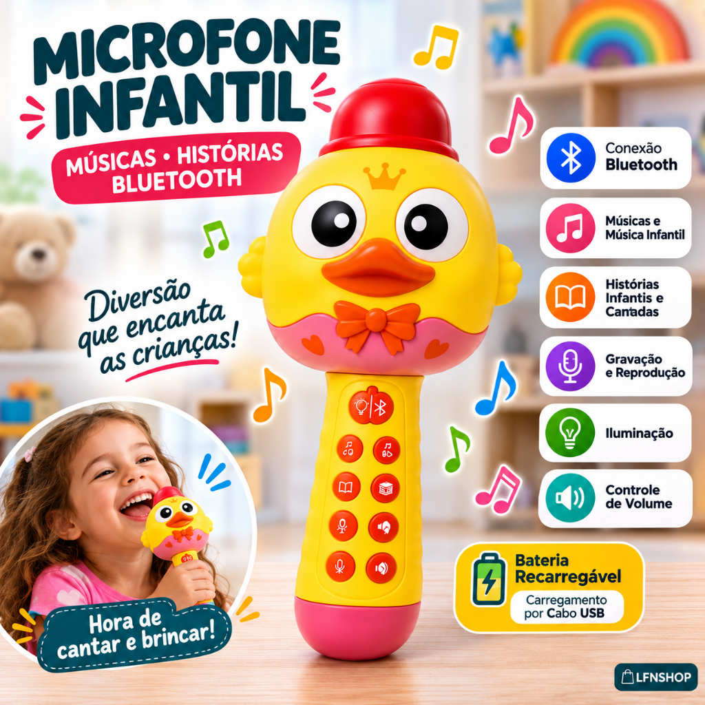 Microfone Infantil Bluetooth Recarregável com Músicas e Histórias