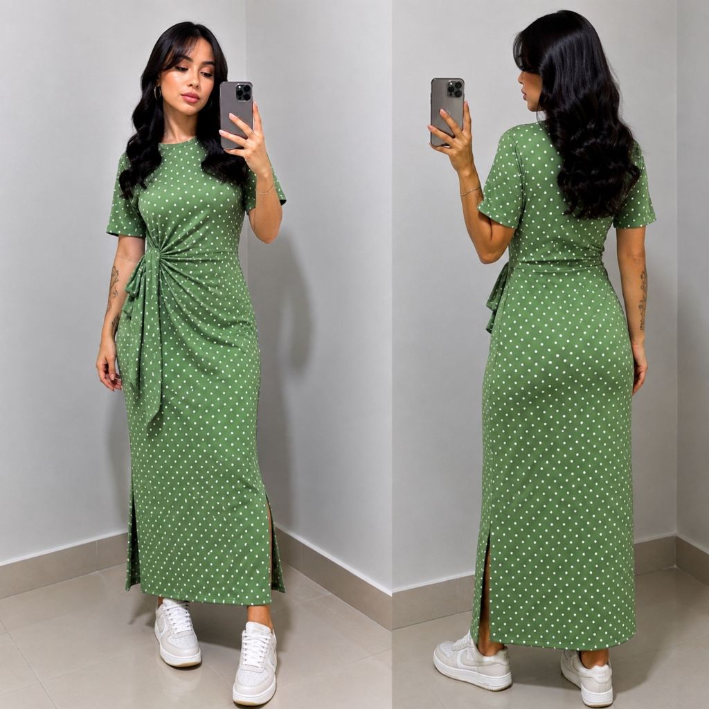 Vestido Básico Longo Feminino Casual com Fendas Laterais  Tecido Ribana Premium Amarração Lateral Manga Curta Moda 2026