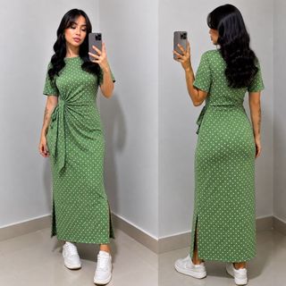 Vestido Básico Longo Feminino Casual com Fendas Laterais  Tecido Ribana Premium Amarração Lateral Manga Curta Moda 2026