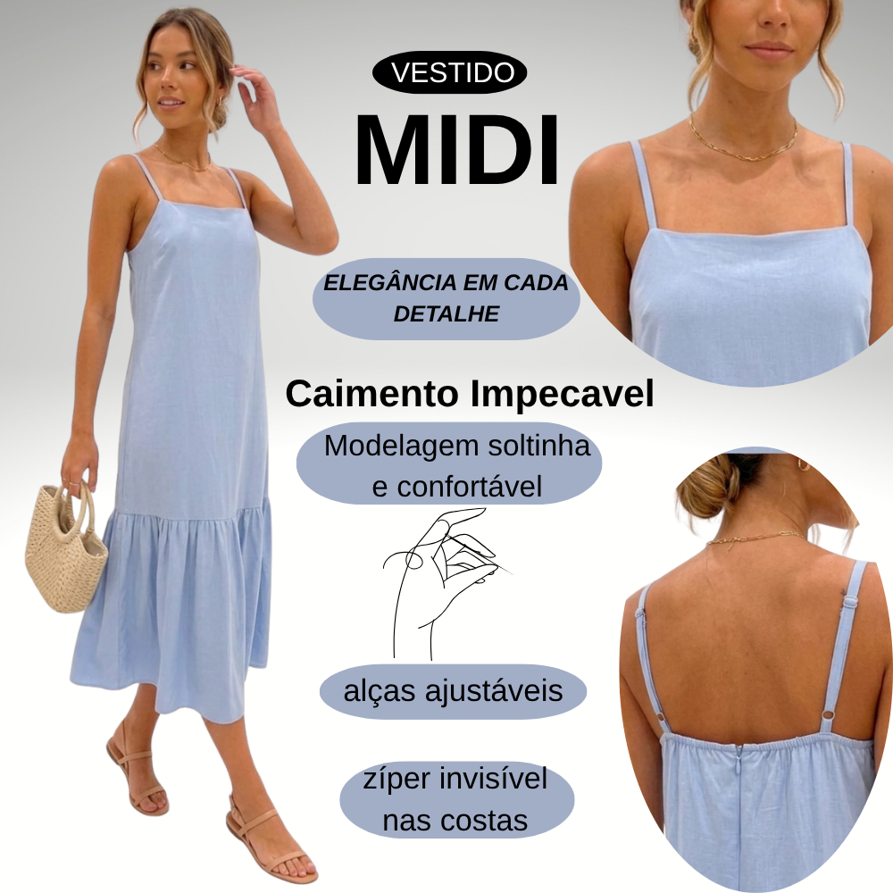 Vestido Midi Feminino de Alcinha Fina Decote Quadrado com Babado Soltinho Casual Verão