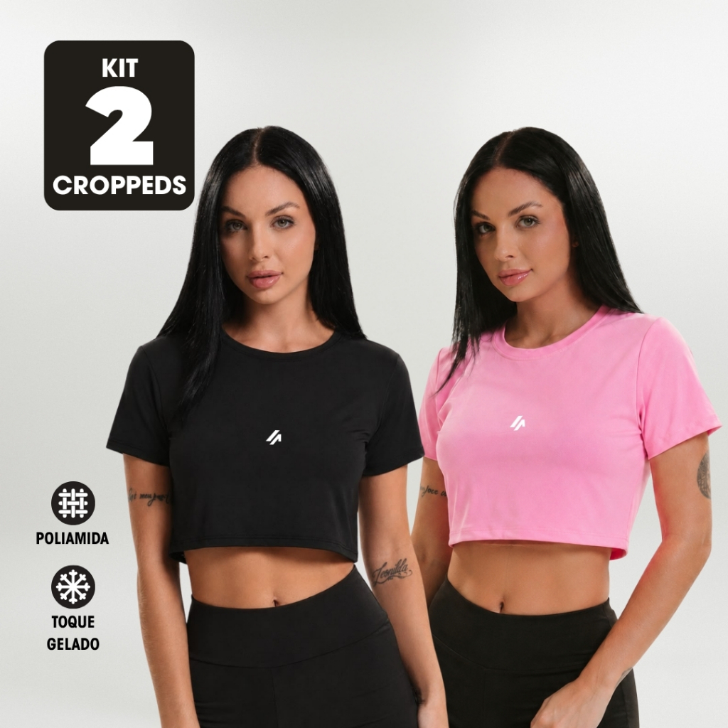 Kit 2 Cropped Feminino Manga Curta Poliamida Dry Fit Academia Treino Fitness
