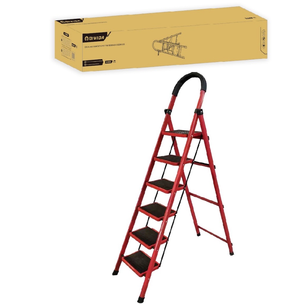 Escada Dobrável 2m Ultra Segura 6 Degraus Antiderrapante E Resistente Até 150kg