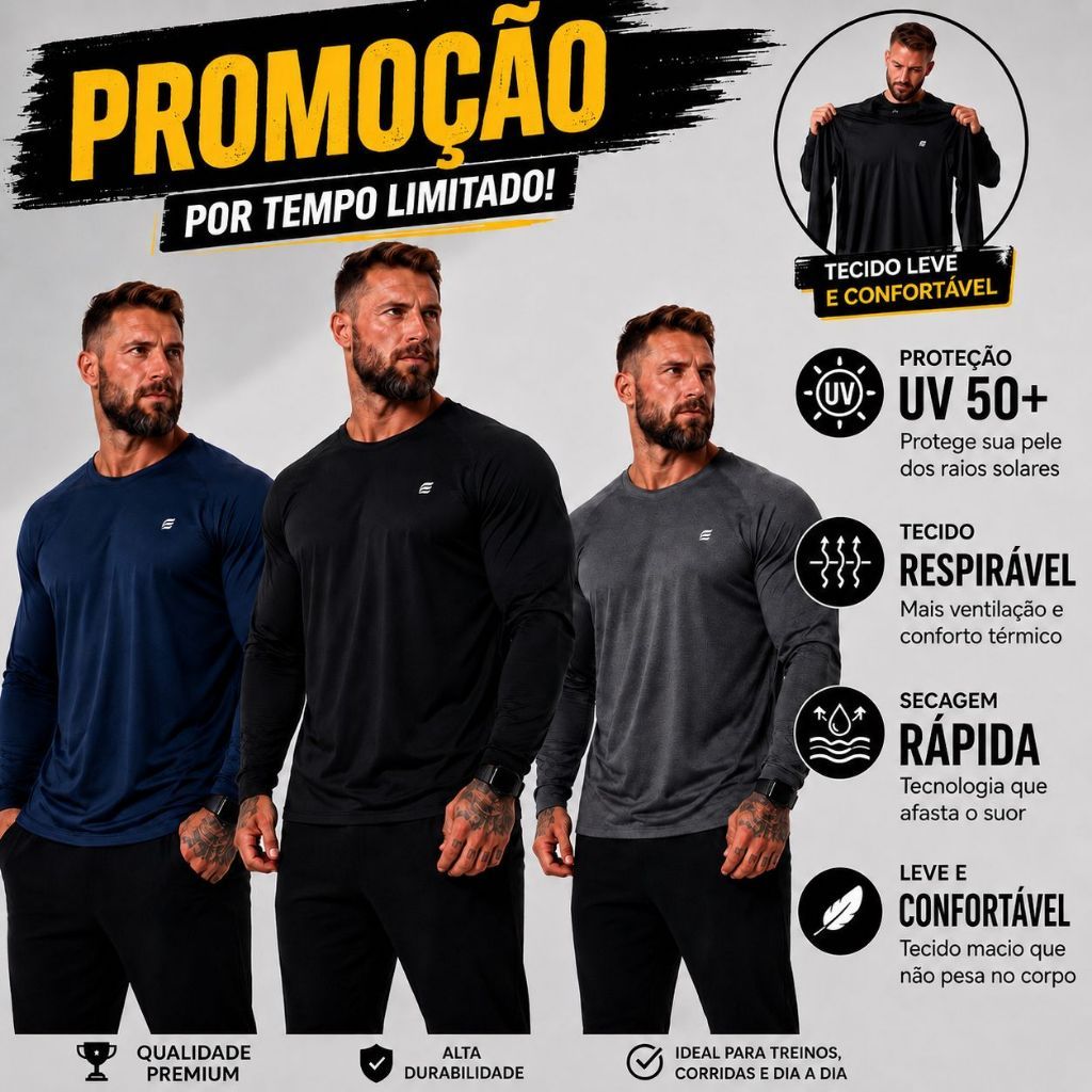 Kit C/ 3 Camisetas Térmicas Dry Anti-Odor Proteção Solar Uv 50+ Segunda Pele Academia Esportes Corrida Caminhada Elta