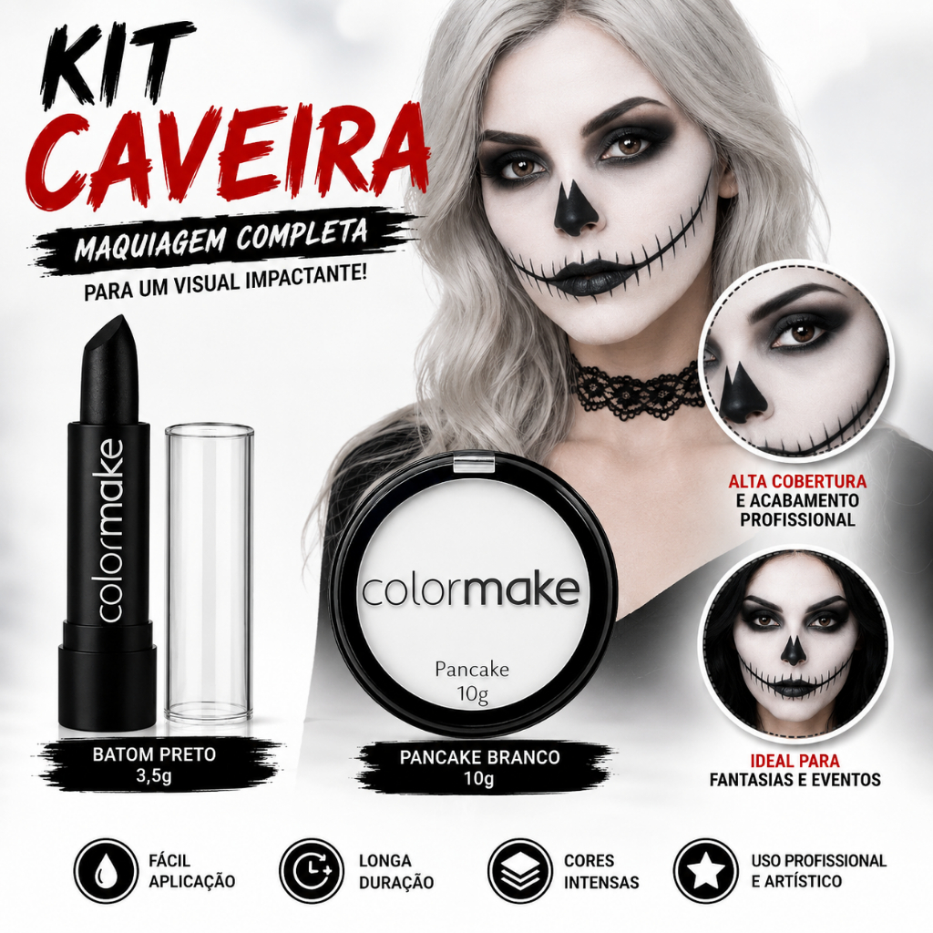 Kit Pancake Branco + Batom  Preto Halloween Maquiagem Artística Bruxa Festa Fantasia Colormake