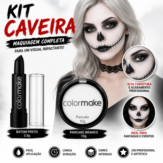 Kit Pancake Branco + Batom  Preto Halloween Maquiagem Artística Bruxa Festa Fantasia Colo…