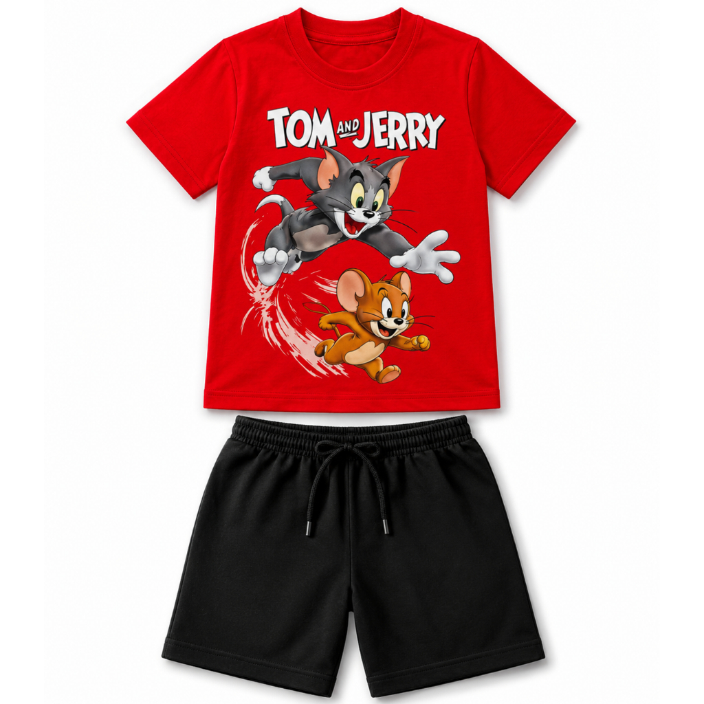Conjunto Kit Infantil Tom e Jerry Menino Camiseta e Bermuda 100% Algodão Fio 30.1 Masculino Estampa