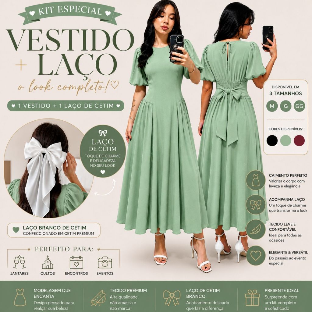 Kit Vestido Midi Feminino Com Manga  Bufante + Laço de Cabelo  Moda 2026