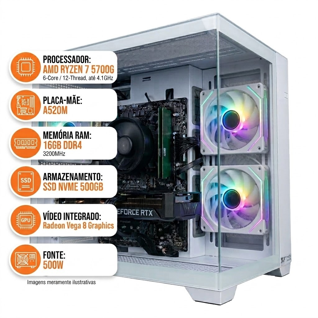 PC Gamer Hertz Ryzen 7 5700G 32GB OU 16GB RAM SSD NVME 500GB Radeon Vega 8 Fonte 500W Com 3 Fans