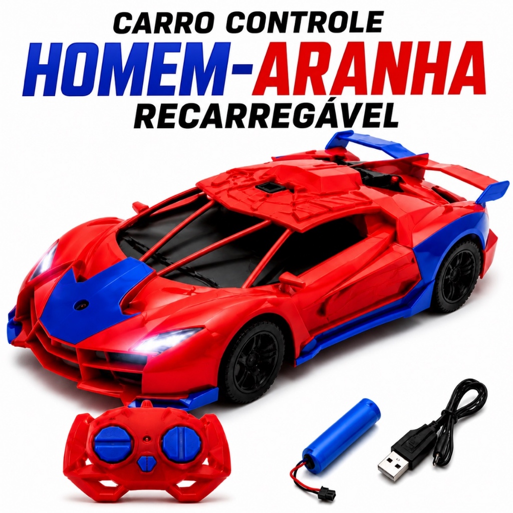 Carrinho Controle Remoto Homem Aranha Solta Fumaça Luz LED Carro RC Infantil Brinquedo Spider Man Presente Menino