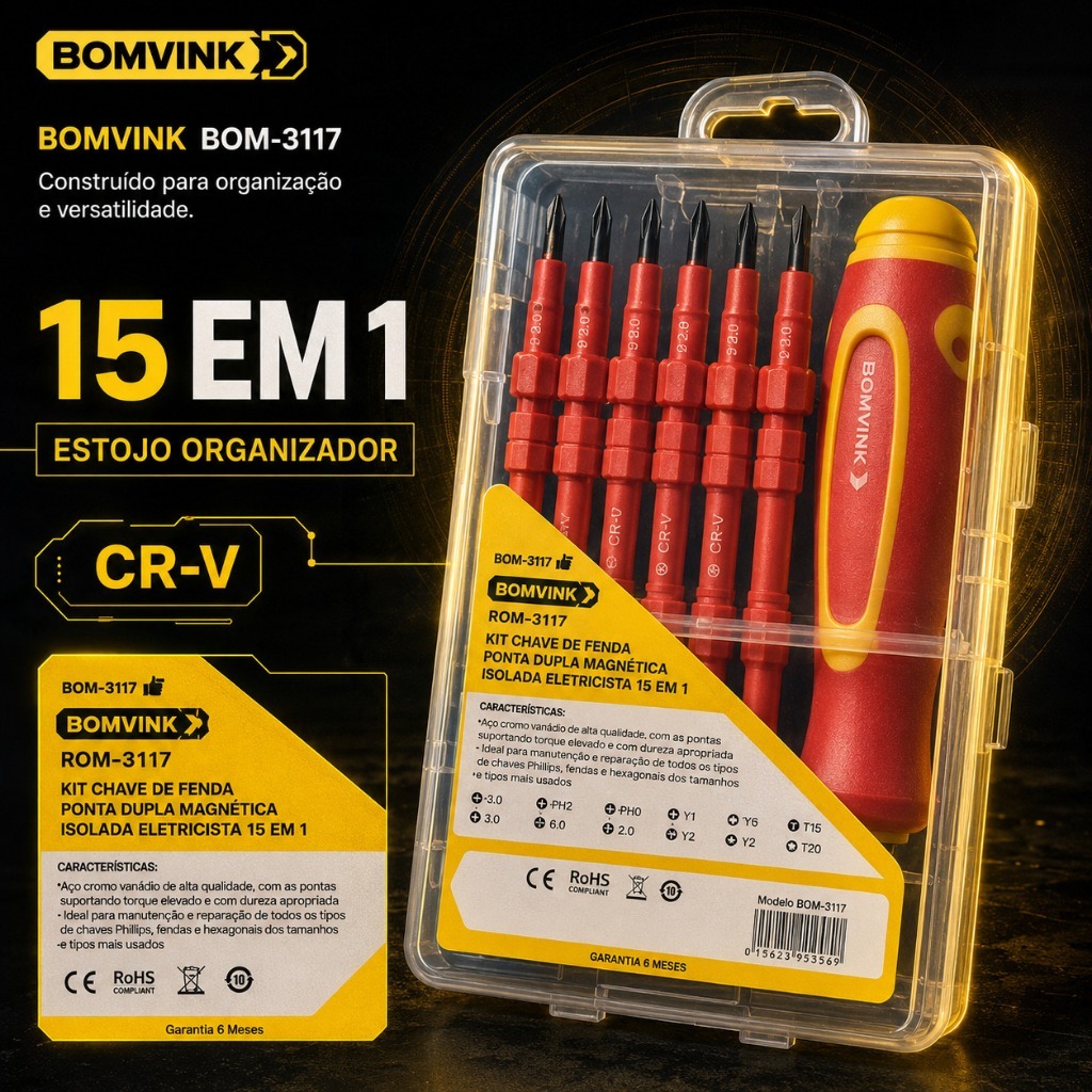 Kit Jogo De Chave De Fenda 15 Em 1 Magnética CR-V Com Estojo BOMVINK