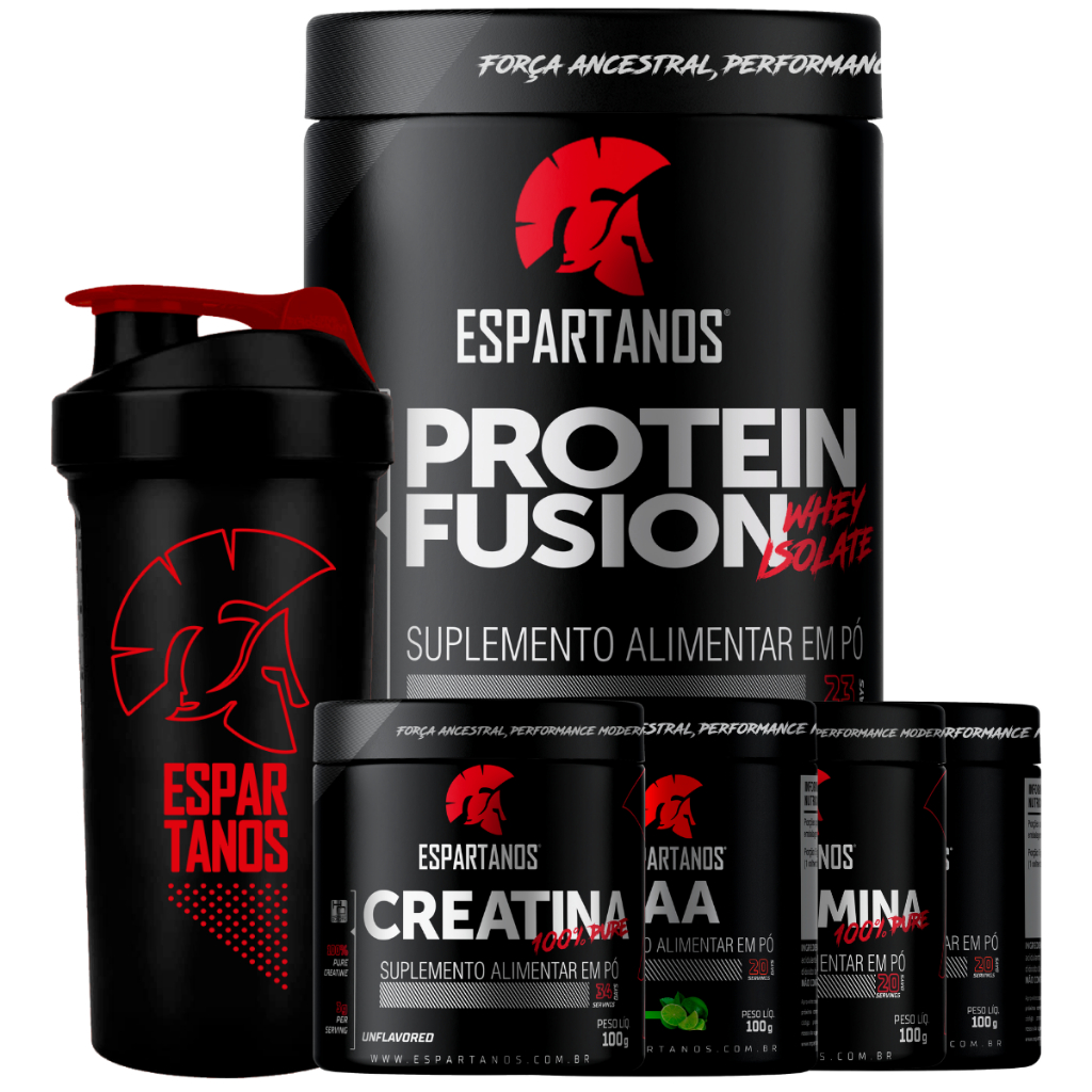 Kit Whey Protein Fusion + Bcaa + Creatina + Glutamina + Colágeno + Shaker - Espartanos