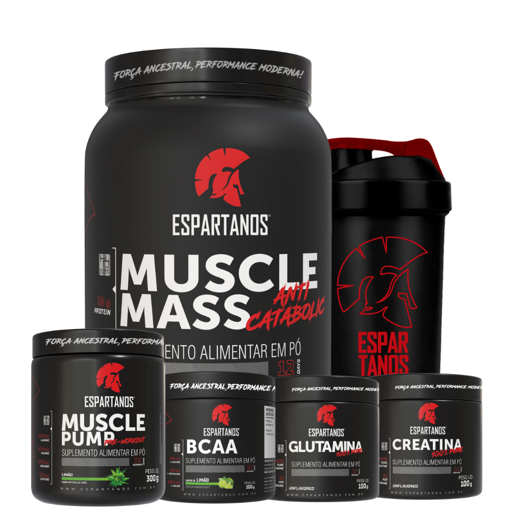 Kit Muscle Mass 1,8kg + BCAA + Creatina + Glutamina + Pré Treino + Coqueteleira - Espartanos