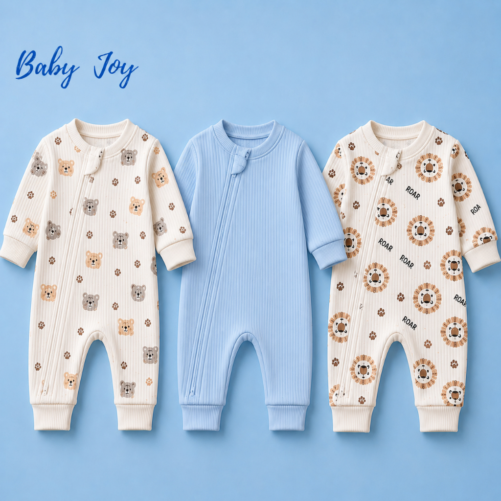Kit 3 Macacão Longo Bebê Ribana Estampada Algodão com Zíper Menina Menino Enxoval Maternidade