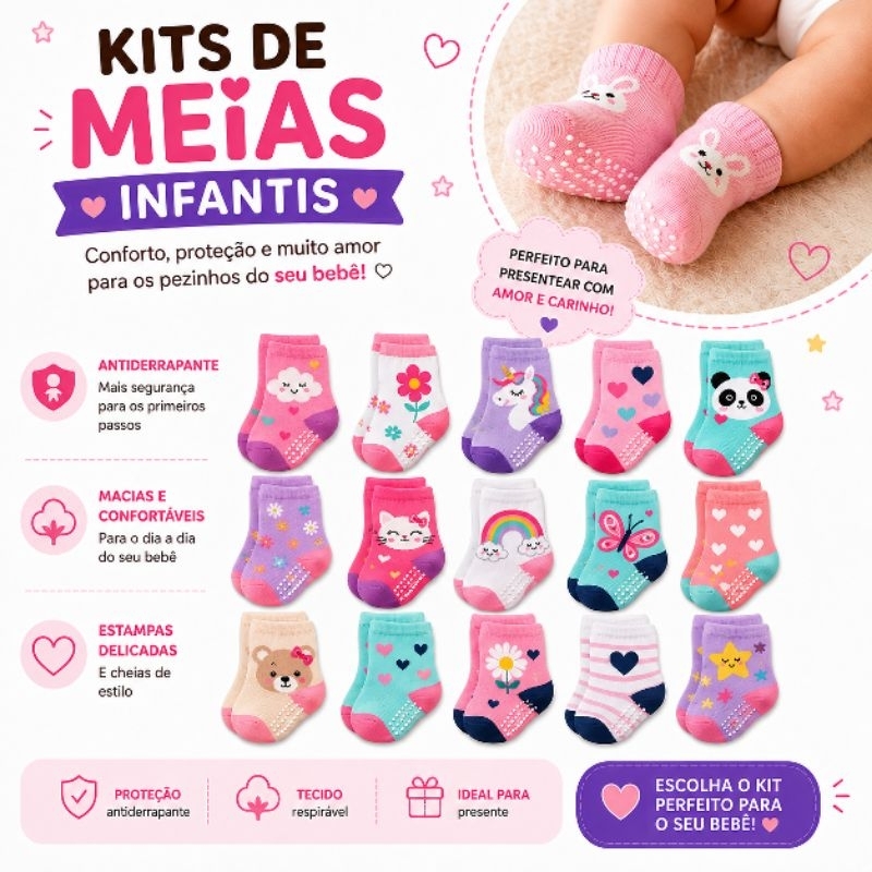 Kit Pares de Meias Menina Recém Nascidos e Bebê de 0-6 Meses com Antiderrapante Feminina