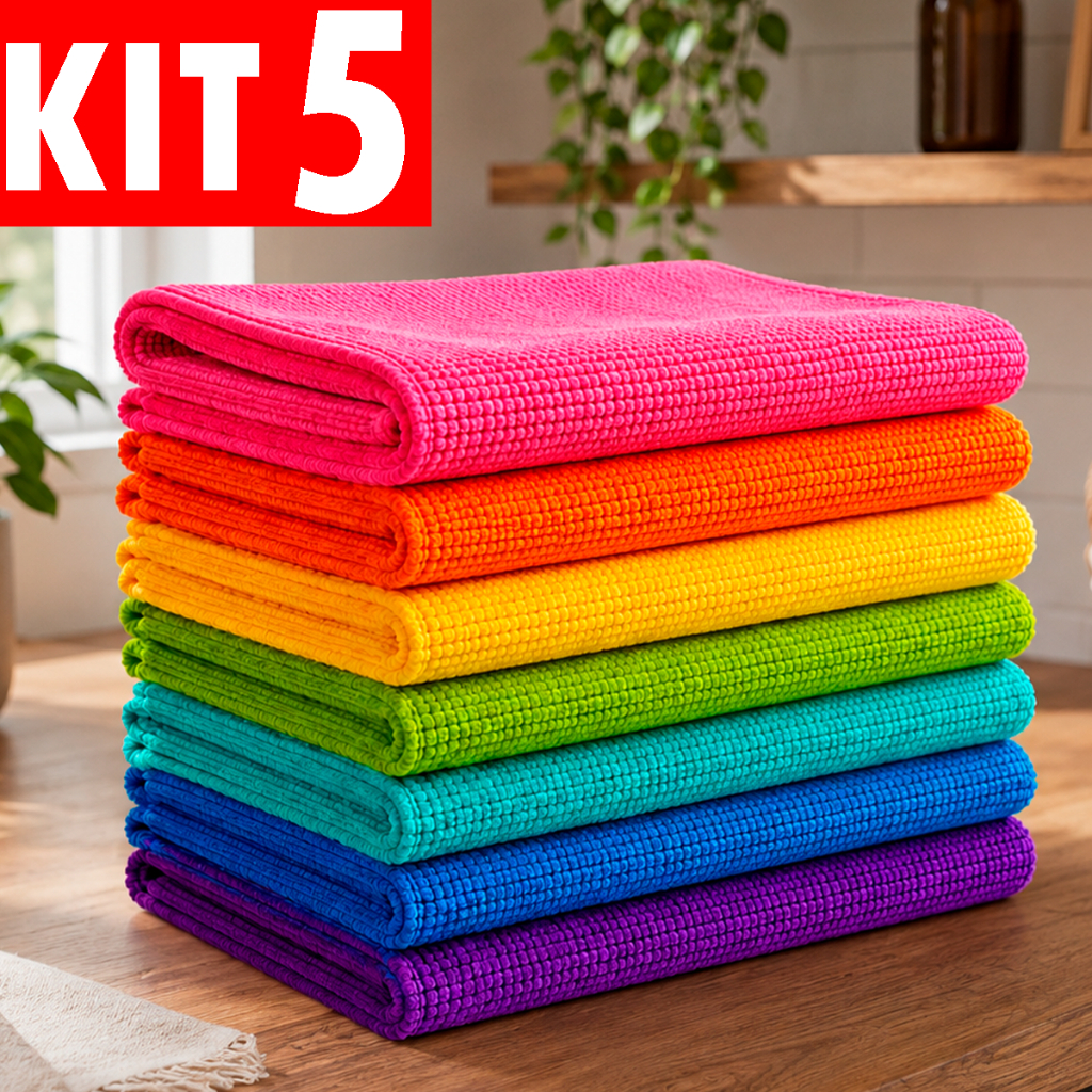 Kit 5 Panos de Microfibra Premium 40x60 para Limpeza com Alta Absorção Multiuso