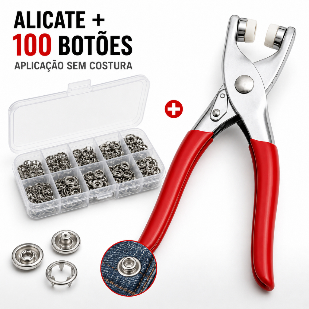 Kit Alicate Aplicador de Botão de Pressão + 100 Botão Para Roupa