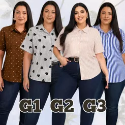 Camisa Coração e Listrada Plus Size Feminina Manga Curta Tecido Duna Premium e Crepe G1 G2 G3 Soltinha Elegante verão