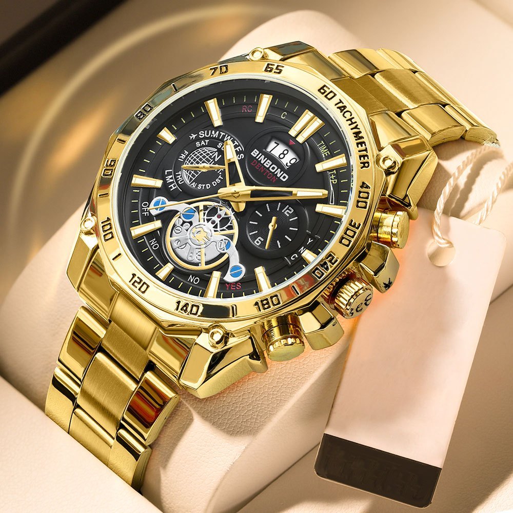VETRA Relógio Masculino Original Relogio Luxo a Prova d Água Presente para Homem Aço Inoxidável Preto Dourado B4750