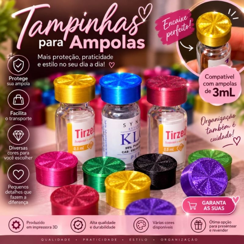 Kit Tampinhas brilhosas para Ampolas 3ml Tirze ou Peptidos | 4, 8 , 16, 24 ou 50 Unidades | Reutilizáveis e Resistentes