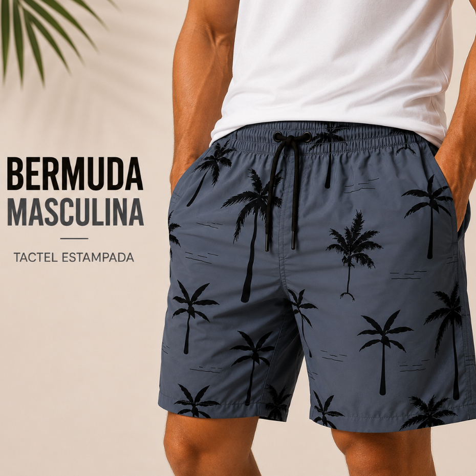 KIT 4 Bermudas Masculinas Tactel Estampadas com Elastano Cós Elástico Cordão Bolsos