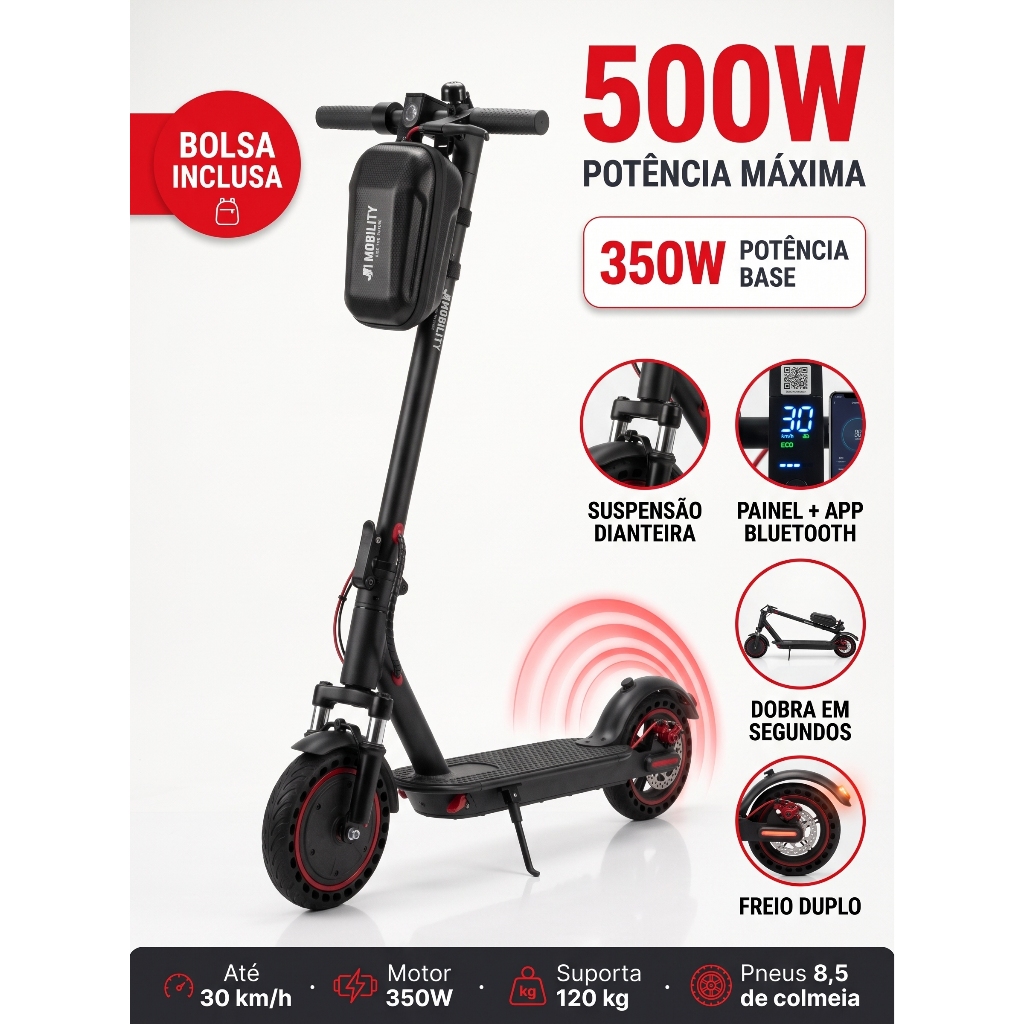 Patinete Eletrica J1Mobility Passeio Potente 350W Dobravel Bivolt Recarregavel com Amortecedor