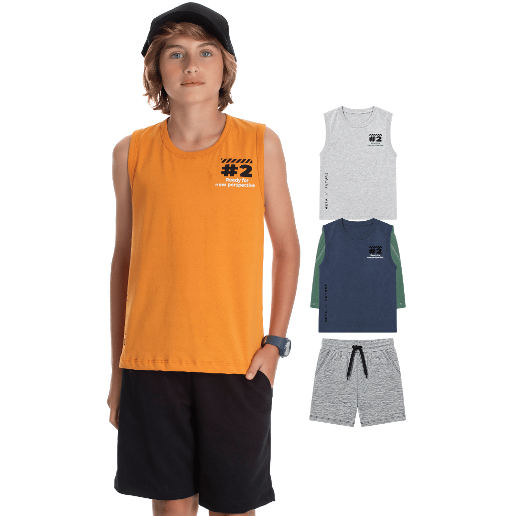 Conjunto Juvenil Masculino Regata Algodão Bermuda Moletinho Bolso Tamanhos 10 12 14
