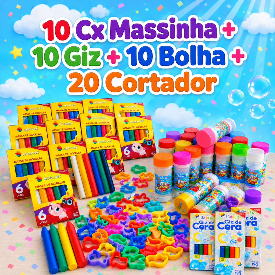 10 Cx Massinha de Modelar + 10 Bolha Sabão + 10 Giz Cera + 20 Molde Forminha Lembrancinha Infantil