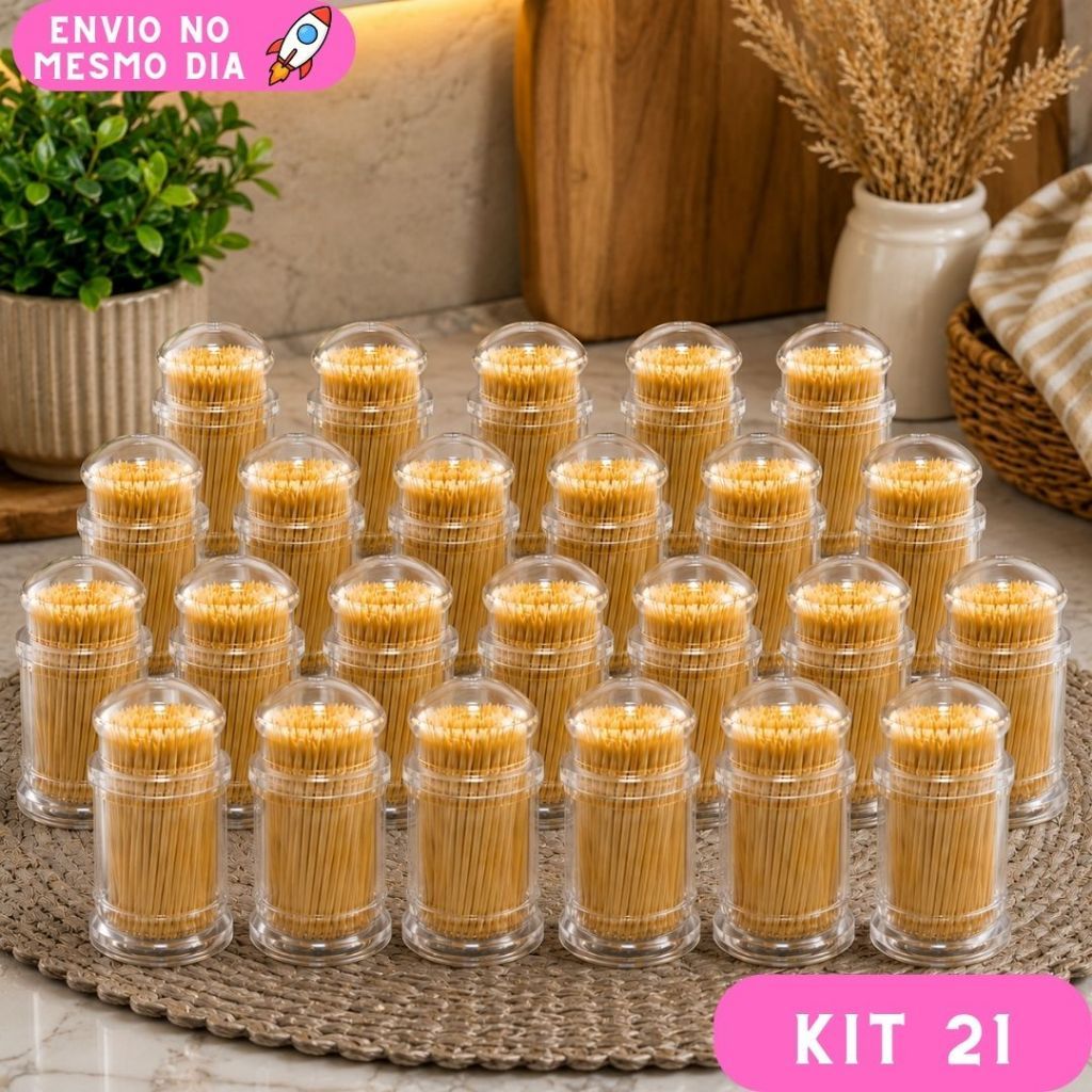 Kit 21 Paliteiro Acrílico Com 100 Palitos Portátil para Cozinha Mesa Palito de Dente Indispensável