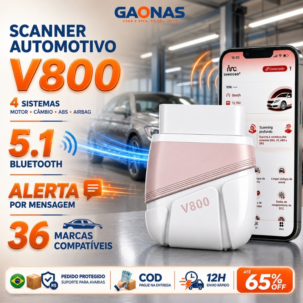 GN-V800 Scanner Automotivo OBD2 Bluetooth Versão Atualizada Diagnóstico de 4 Sistemas via APP