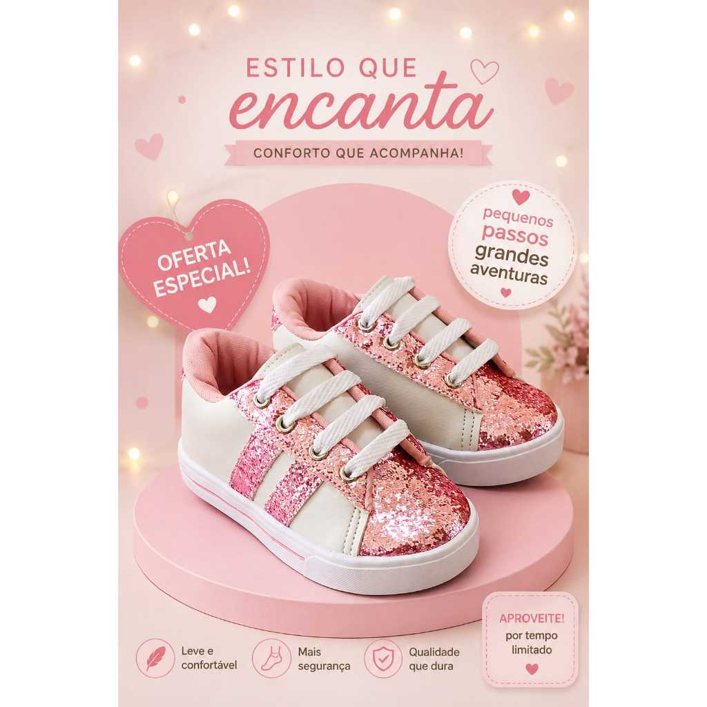 Tênis Infantil Calce Fácil Menina Ponta em Glitter Coração Estiloso e Confortável
