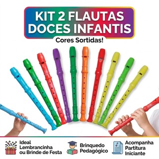 2 Flautas Doce Infantil c partitura Plástico 30cm brinde brinquedo pedagógico lembrancinha festa