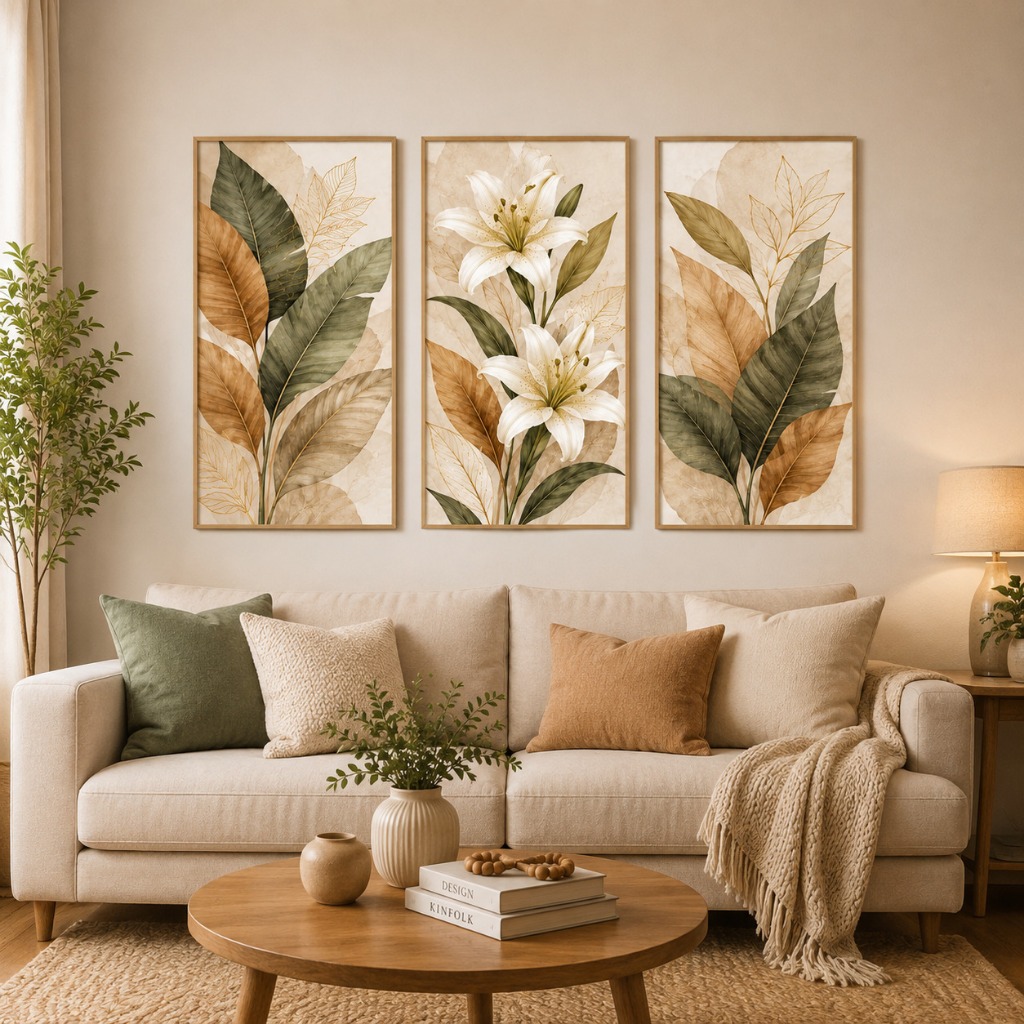 Kit 3 Quadros Decorativos Folhagens e Lírios Arte Botânica Elegante para Sala, Quarto e Corredor — imagem 2 de 2