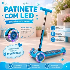 Patinete 3 Rodas LED Dobrável Infantil Azul/Rosa