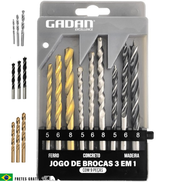 Kit de Brocas GADAN 3 em 1 com 9 Peças para Madeira Ferro Concreto 5 6 8mm