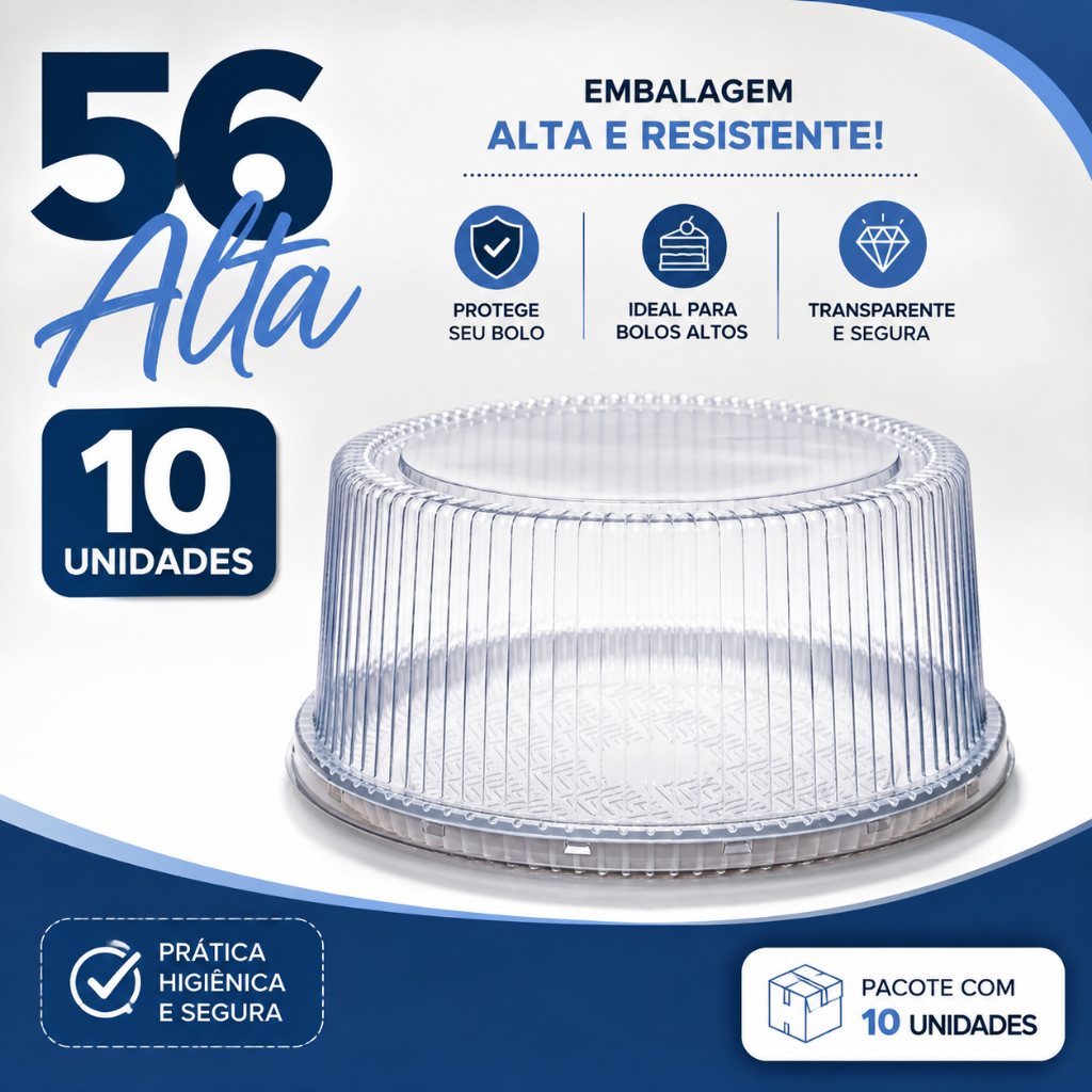 Embalagem Plástica Redonda 56 Alta para bolos e tortas com 10 unidades