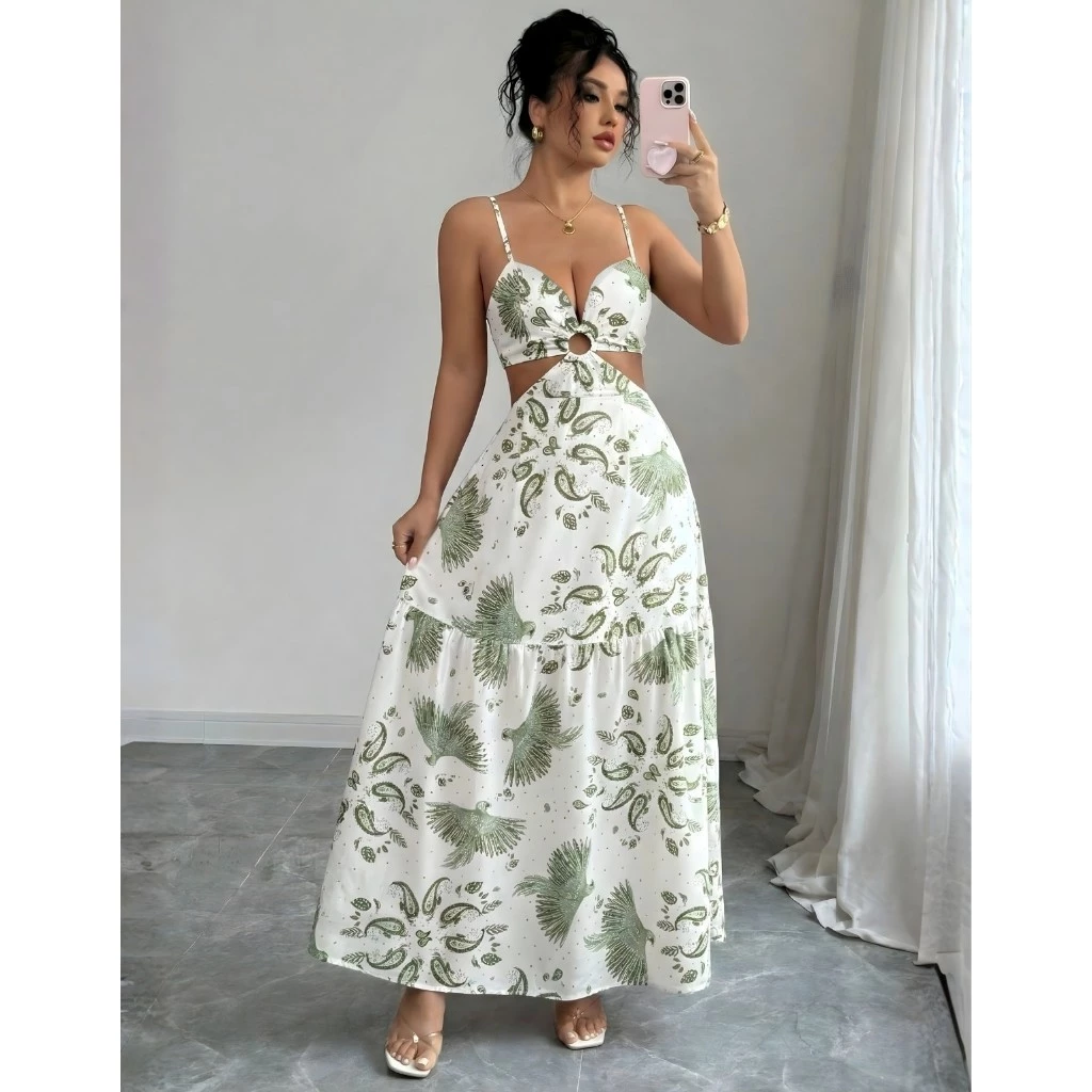 Vestido Longo Feminino Alcinha Estampa Tropical Frente Única Moderno E Casual — imagem 1
