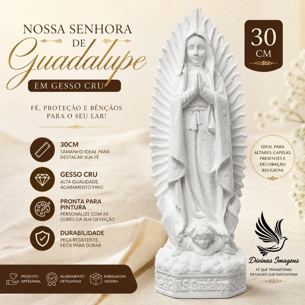 Imagem Nossa Senhora Guadalupe 30cm Gesso Cru Retocado de Qualidade Artesanal