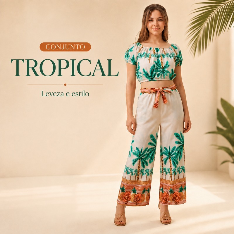 Conjunto Juvenil Feminino Cropped e Calça Pantalona Estampada Moda Menina Verão Tendência Confortável Tam 10 ao 16