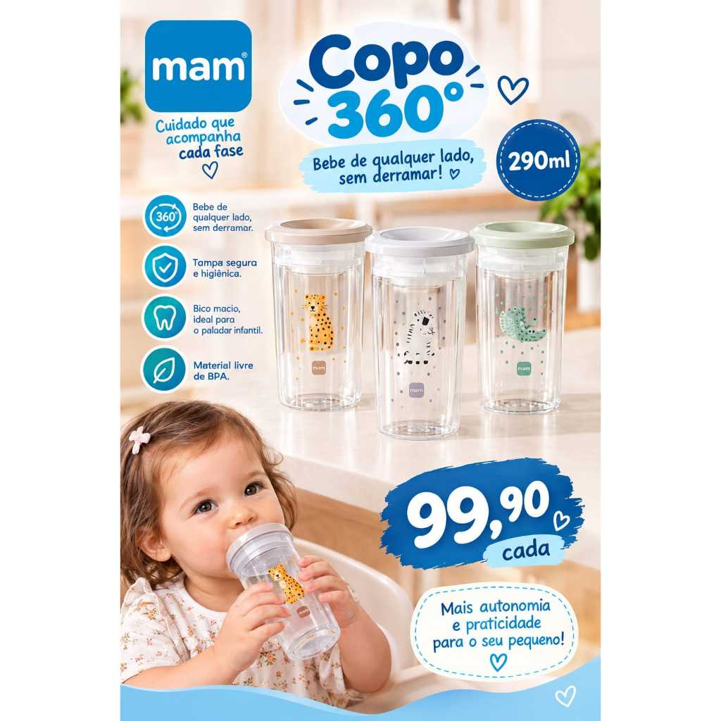 Copo 360° Fácil De Beber Mam - Copo Infantil De Transição Com Tampa E Válvula Antivazamento 290ml