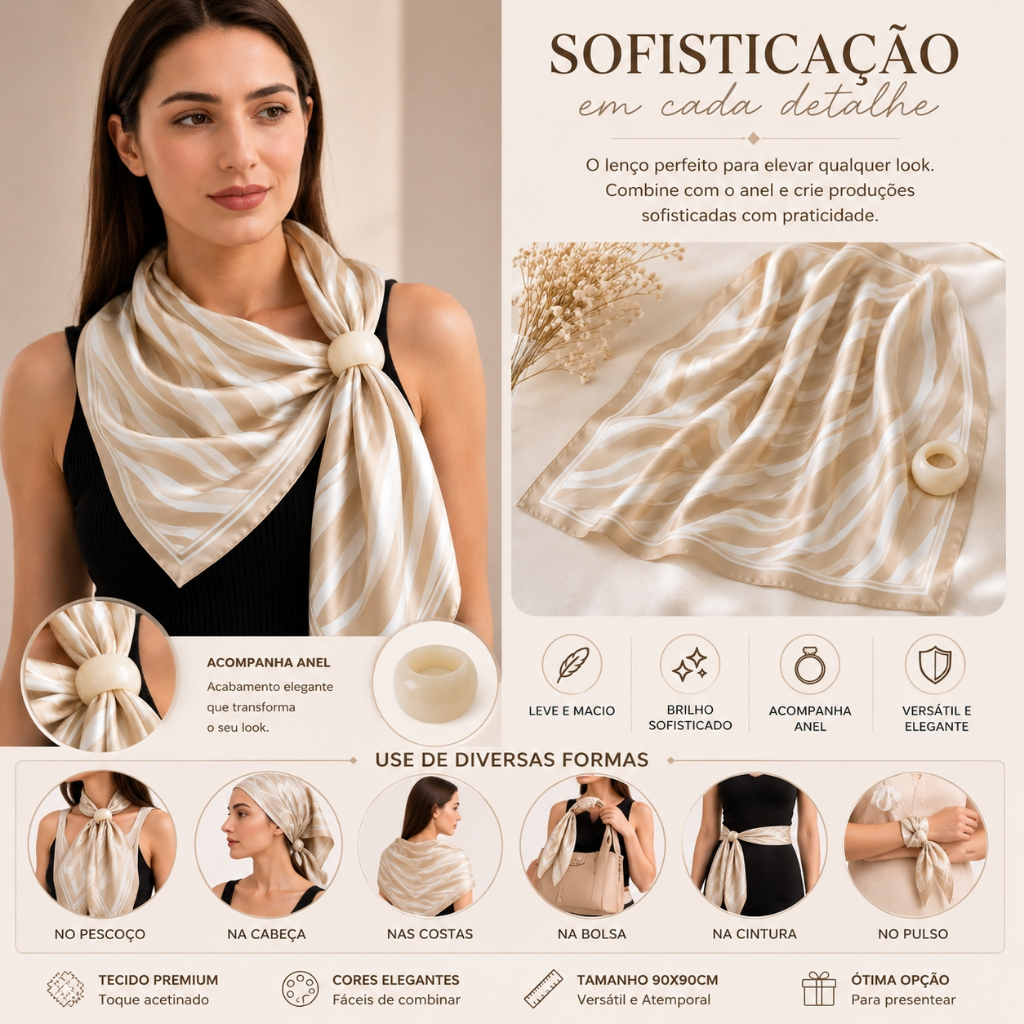 Lenço Feminino Cetim 90x90cm Estampado Animal Print Geométrico Abstrato Toque Sedoso Elegante Premium.