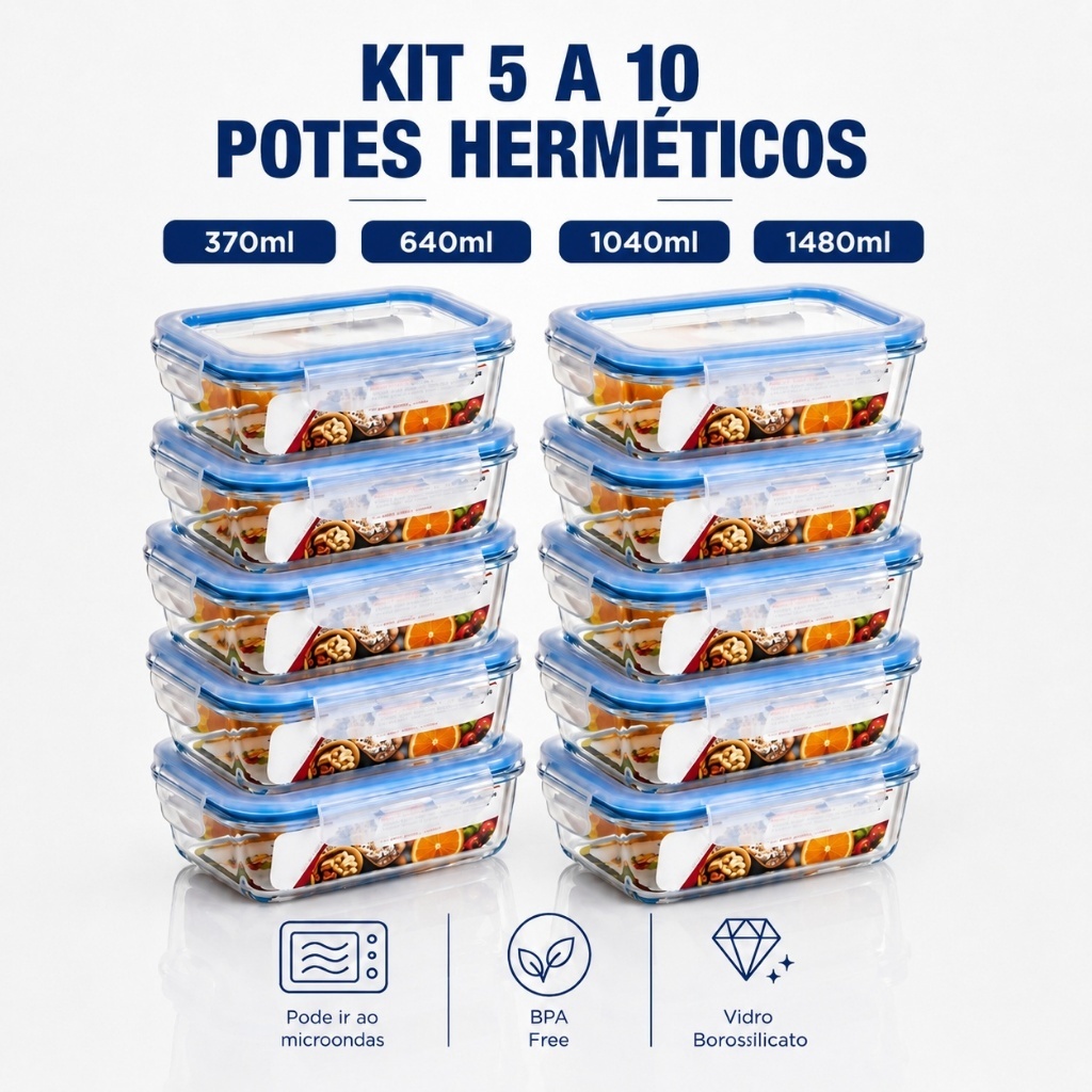 Kit 5 e 10 Potes De Vidro Hermetico Marmita Fit Mantimento Tampa 4 Travas, Microondas