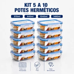 Kit 5 e 10 Potes De Vidro Hermetico Marmita Fit Mantimento Tampa 4 Travas, Microondas