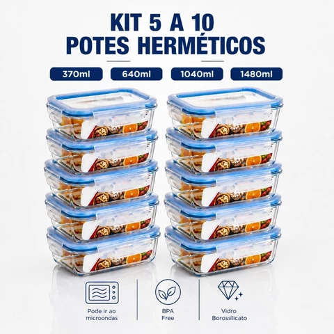 Kit 5 e 10 Potes De Vidro Hermetico Marmita Fit Mantimento Tampa 4 Travas, Microondas