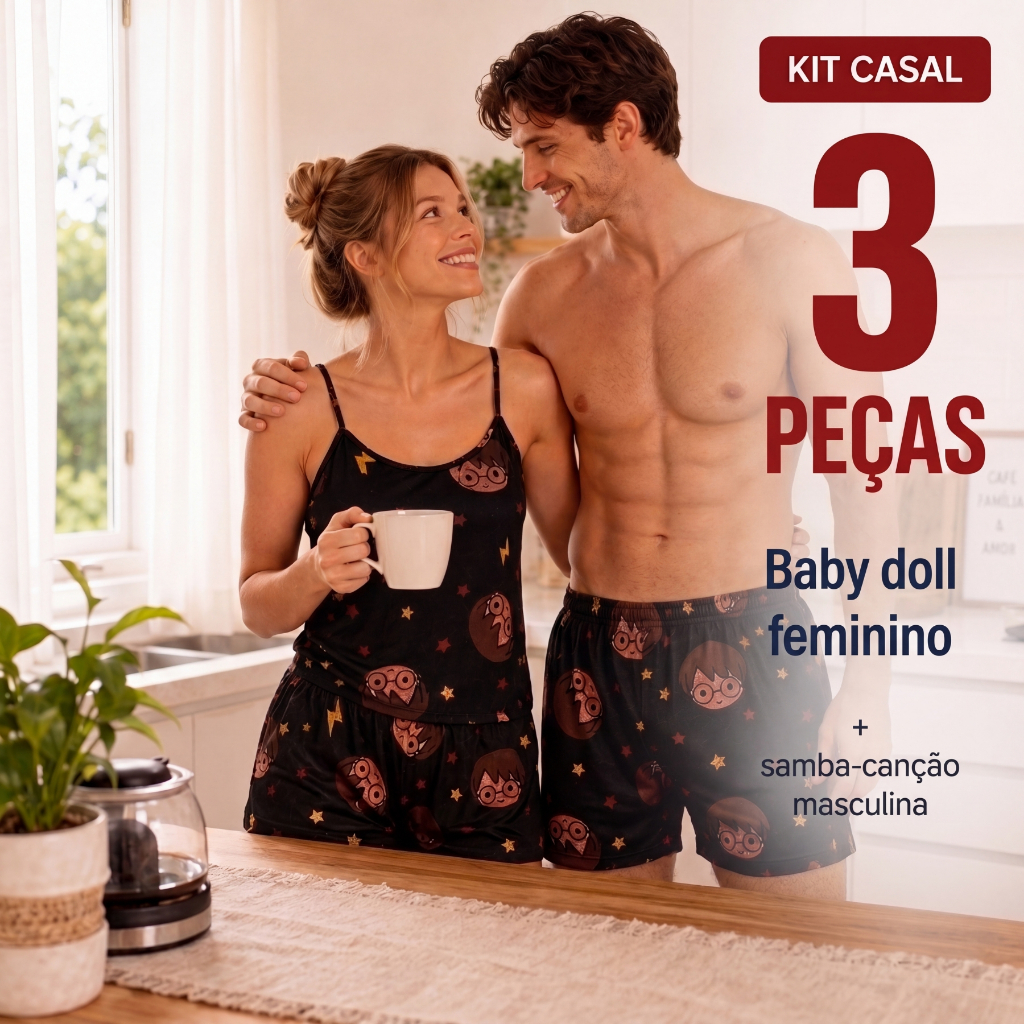 Kit Casal Pijama Namorados Modelo Cropped Virgínea e Samba Canção - Modelo Tradicional e Cropped