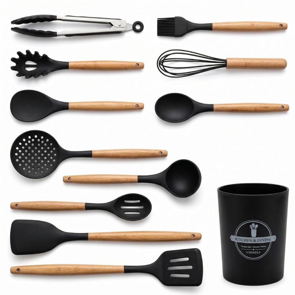 Kit Utensílios de Cozinha 12 Peças de Silicone Cabo de Bambu Alta Temperatura